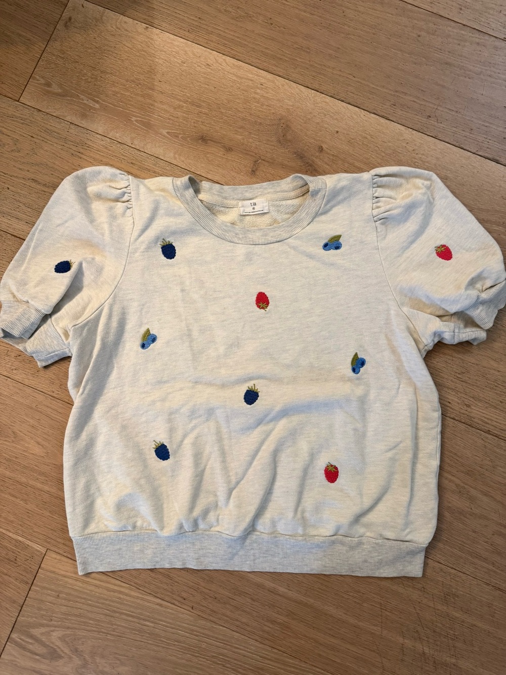 T.La Cream Short-Sleeve Sweater Top with Fruit Embroidery